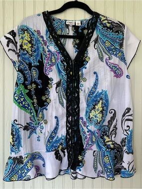 Cato White Paisley Lace-Trim Flutter Sleeve Blouse Sz XL